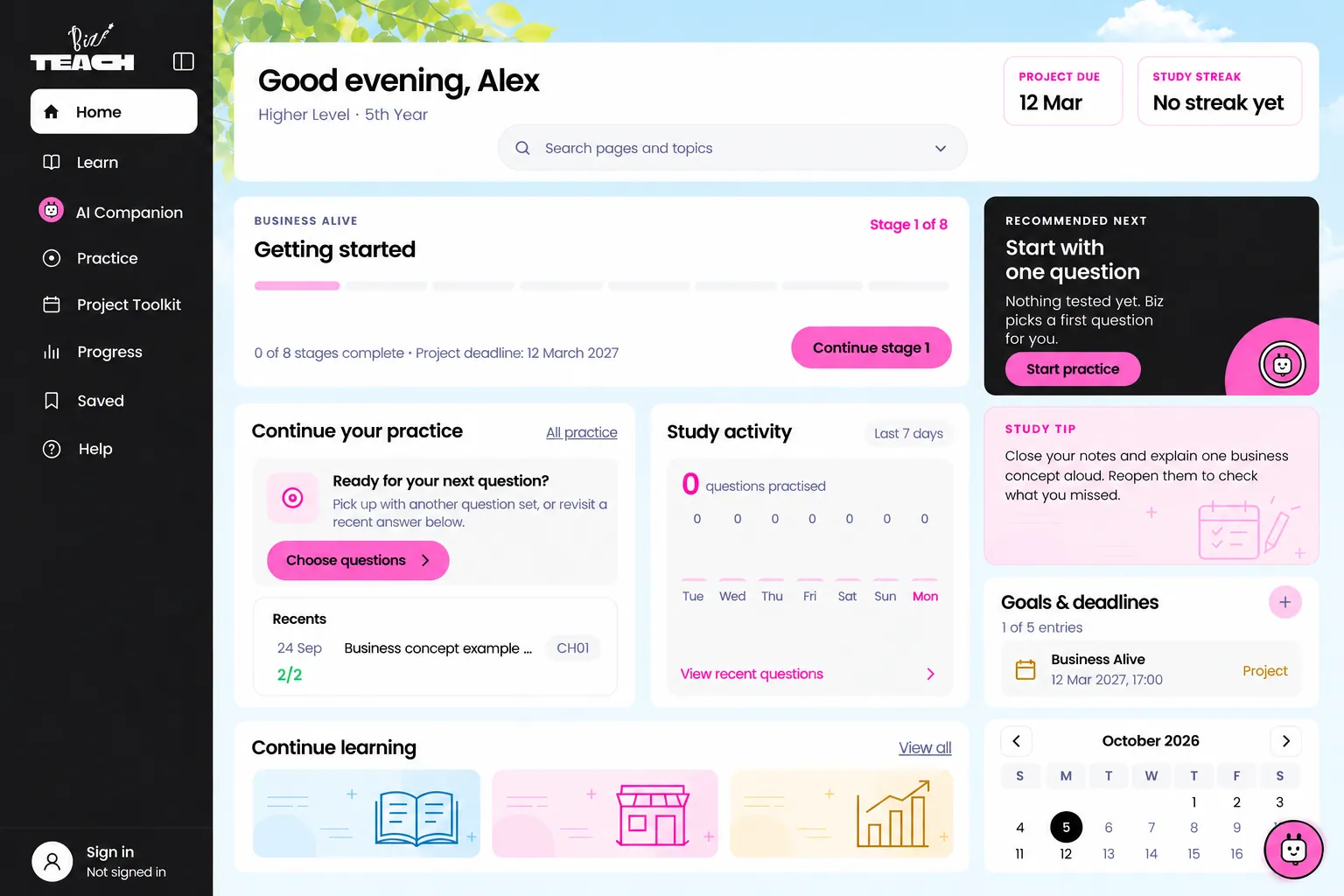 BizTeach student dashboard: Business Alive project progress, recommended practice, study activity, goals and deadlines
