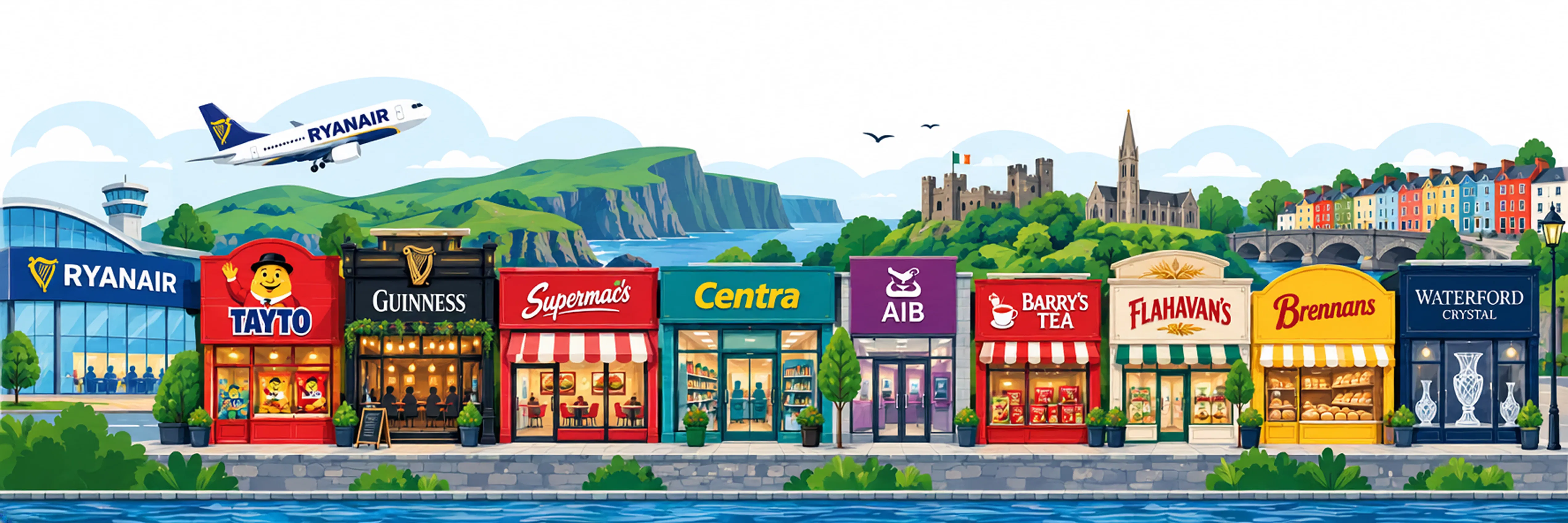 Illustrated Irish high street with familiar shopfronts, Dublin landmarks and the coast behind